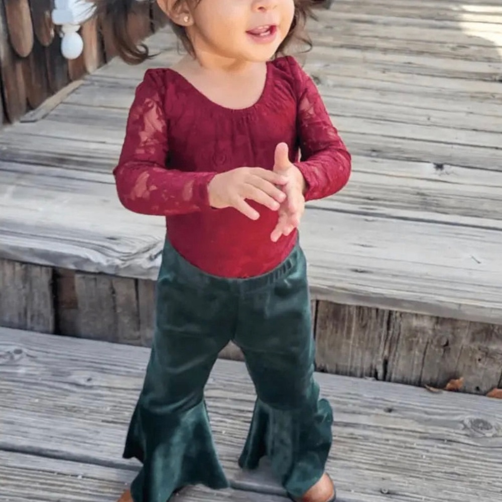 Emerald Pleated Velour Bell Bottoms
